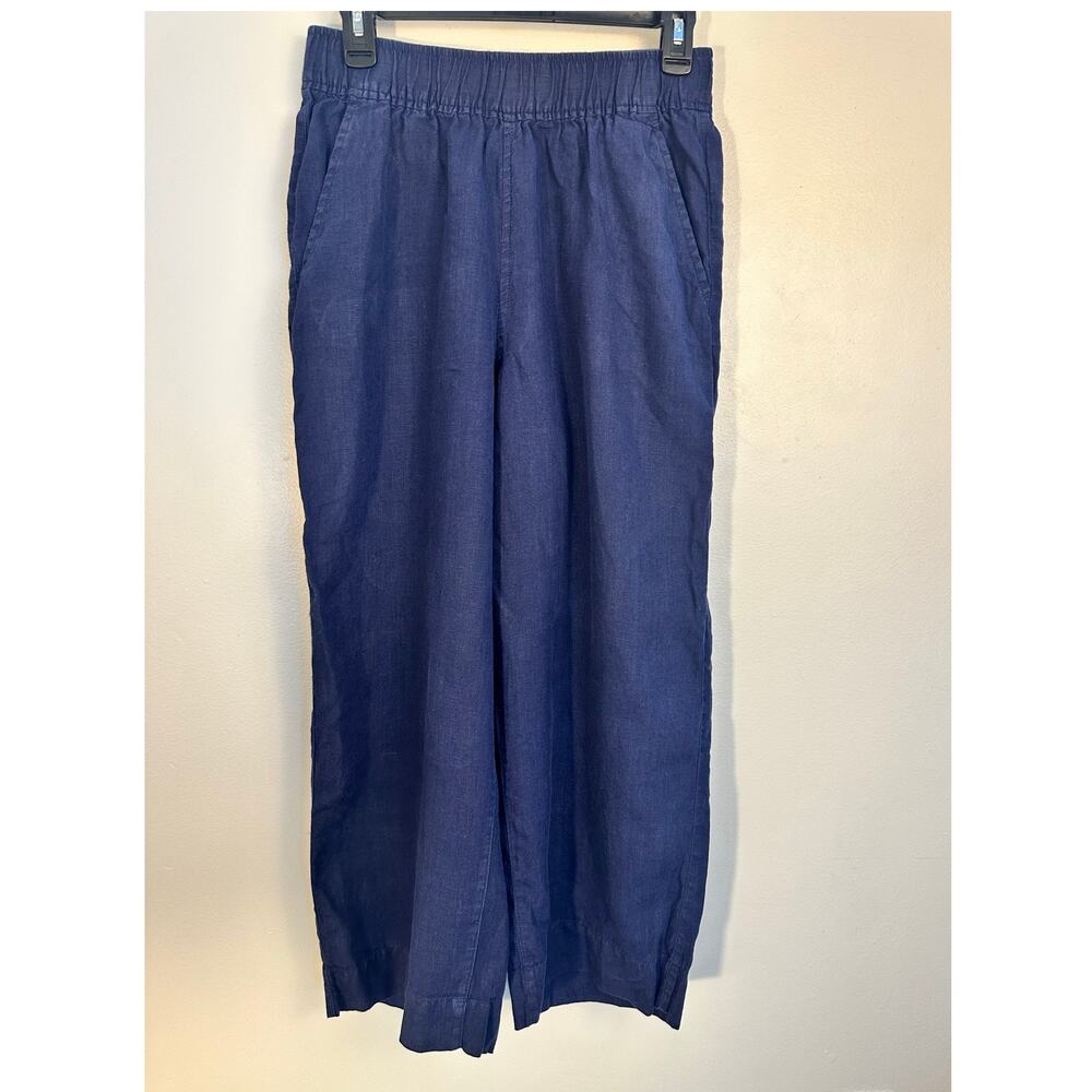 Tahari Blue 100% Linen Wide Leg Pull On Pants Women's Size M Pockets